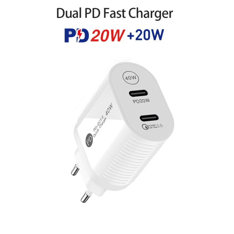 40W Dual Port PD / Type-C Fast Charger for iPhone / iPad Series, EU Plug(White)