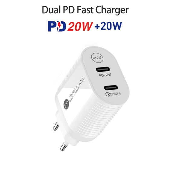 40W Dual Port PD / Type-C Fast Charger for iPhone / iPad Series, EU Plug(White)