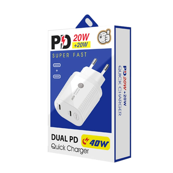 40W Dual Port PD / Type-C Fast Charger for iPhone / iPad Series, EU Plug(White)