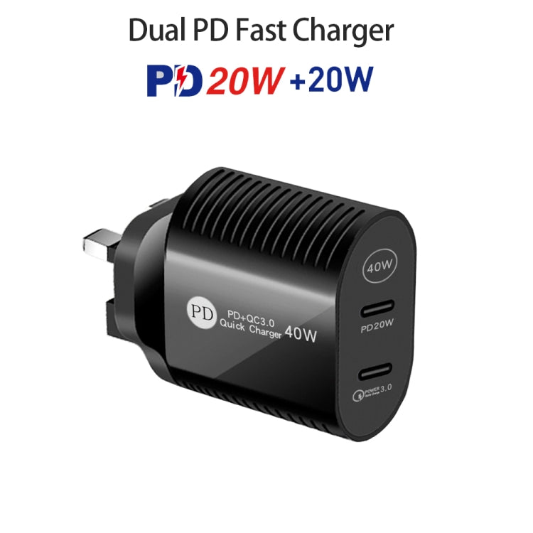 40W Dual Port PD / Type-C Fast Charger for iPhone / iPad Series, UK Plug(Black)