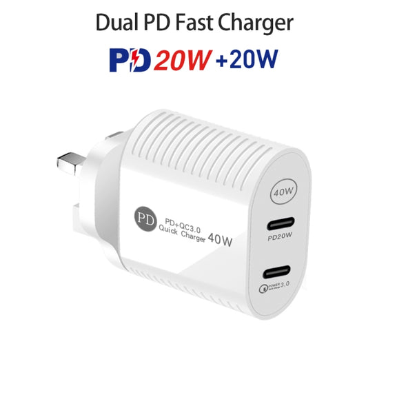 40W Dual Port PD / Type-C Fast Charger for iPhone / iPad Series, UK Plug(White)
