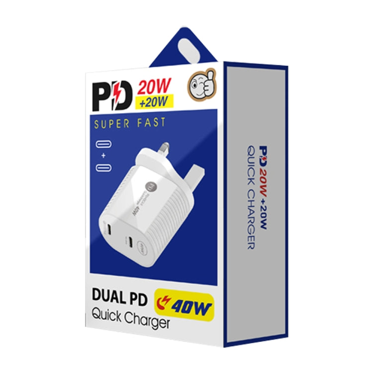 40W Dual Port PD / Type-C Fast Charger for iPhone / iPad Series, UK Plug(White)