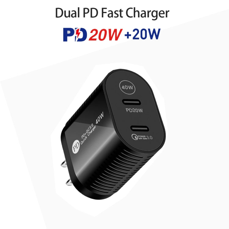 40W Dual Port PD / Type-C Fast Charger with Type-C to 8 Pin Data Cable, US Plug(Black)