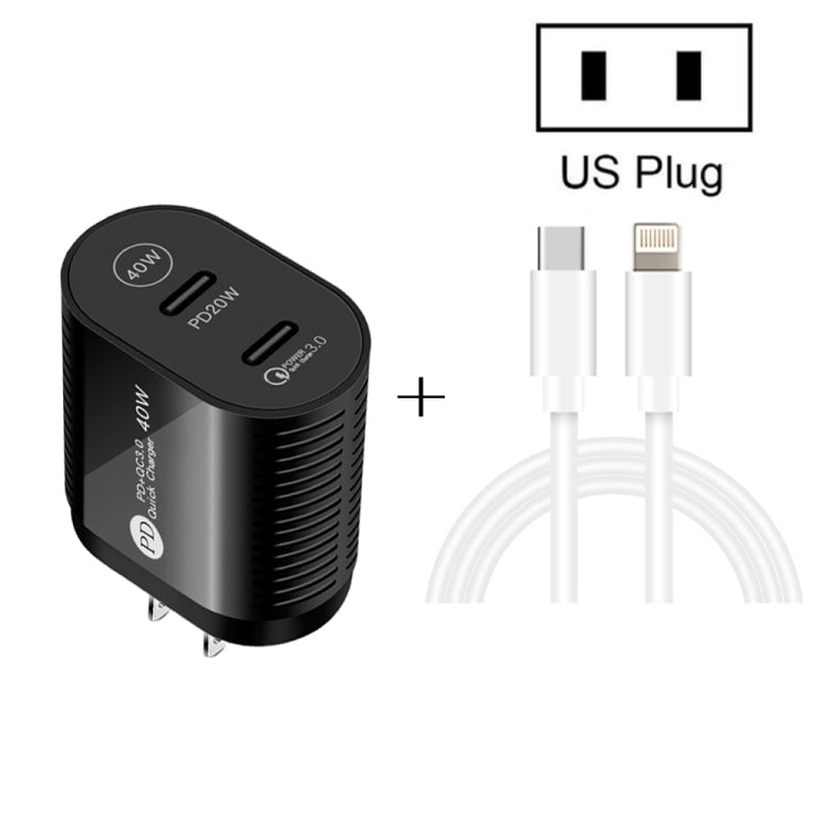 40W Dual Port PD / Type-C Fast Charger with Type-C to 8 Pin Data Cable, US Plug(White)