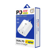 40W Dual Port PD / Type-C Fast Charger with Type-C to 8 Pin Data Cable, US Plug(White)