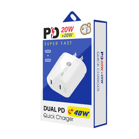 40W Dual Port PD / Type-C Fast Charger with Type-C to 8 Pin Data Cable, US Plug(White)