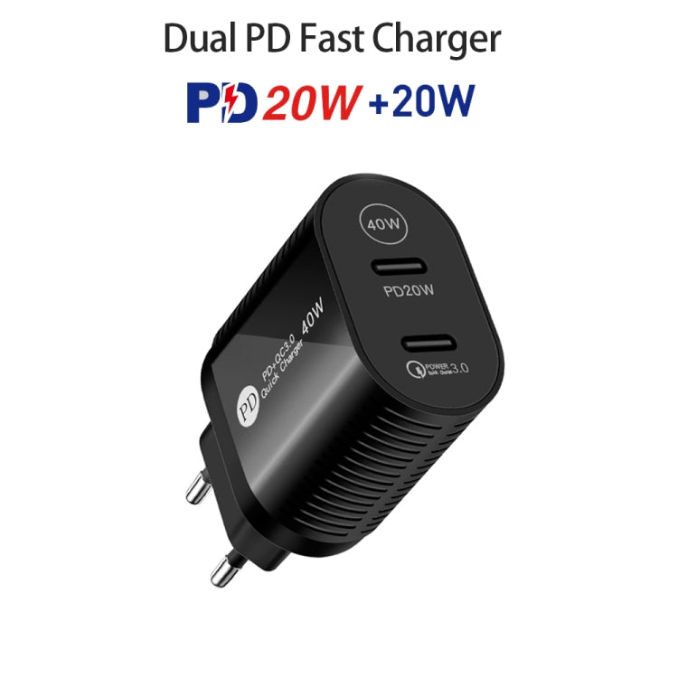 40W Dual Port PD / Type-C Fast Charger with Type-C to 8 Pin Data Cable, EU Plug(Black)