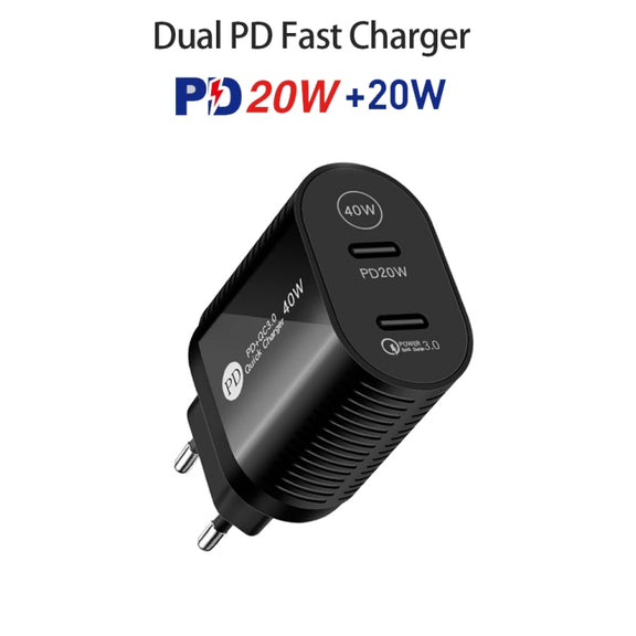 40W Dual Port PD / Type-C Fast Charger with Type-C to 8 Pin Data Cable, EU Plug(Black)