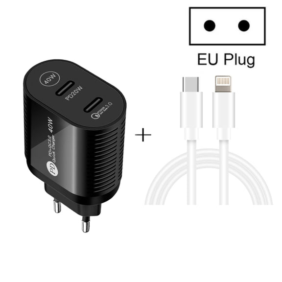 40W Dual Port PD / Type-C Fast Charger with Type-C to 8 Pin Data Cable, EU Plug(White)