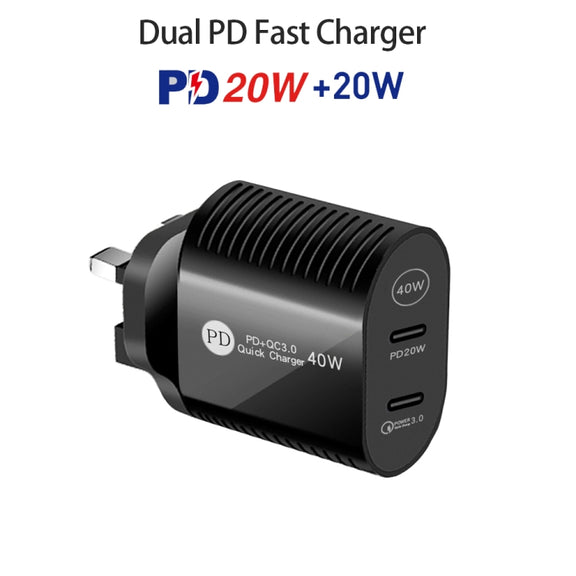 40W Dual Port PD / Type-C Fast Charger with Type-C to 8 Pin Data Cable, UK Plug(Black)
