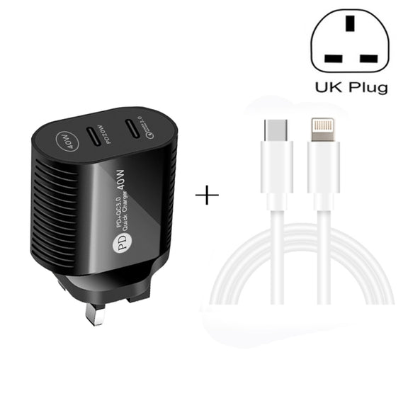 40W Dual Port PD / Type-C Fast Charger with Type-C to 8 Pin Data Cable, UK Plug(Black)