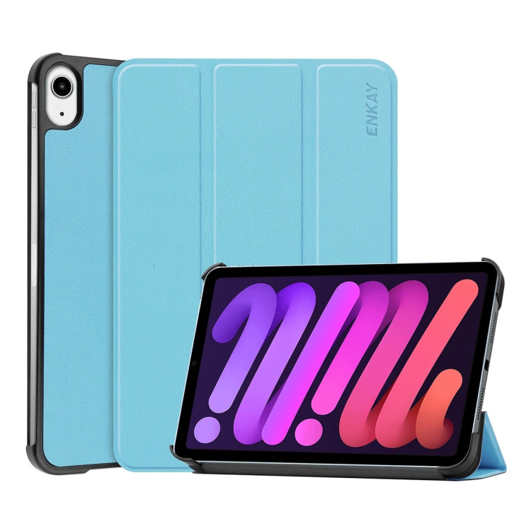 For iPad mini 2024 / mini 6 ENKAY Custer Texture Horizontal Flip PU+PC Leather Tablet Case with Three-folding Holder & Sleep / Wake-up Function(Light Blue)