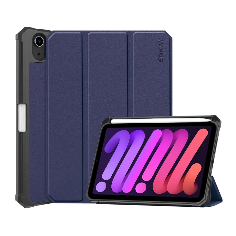 For iPad mini 2024 / mini 6 ENKAY Custer Texture Horizontal Flip PU+TPU Leather Tablet Case with Three-folding Holder & Sleep / Wake-up Function & Pen Holder(Dark Blue)