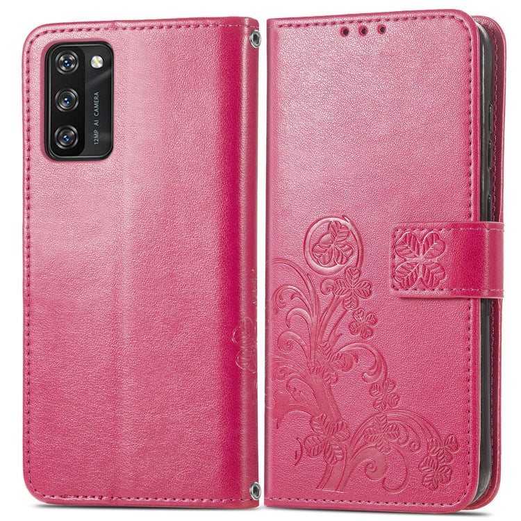 For Blackview A100 Four-leaf Clasp Embossed Buckle Mobile Phone Protection Leather Case with Lanyard & Card Slot & Wallet & Bracket Function(Magenta)