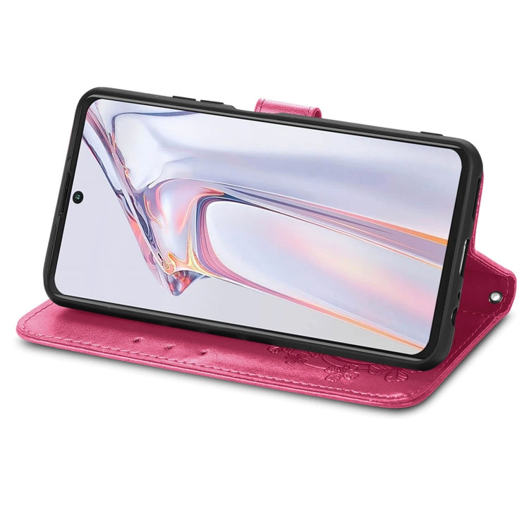 For Blackview A100 Four-leaf Clasp Embossed Buckle Mobile Phone Protection Leather Case with Lanyard & Card Slot & Wallet & Bracket Function(Magenta)