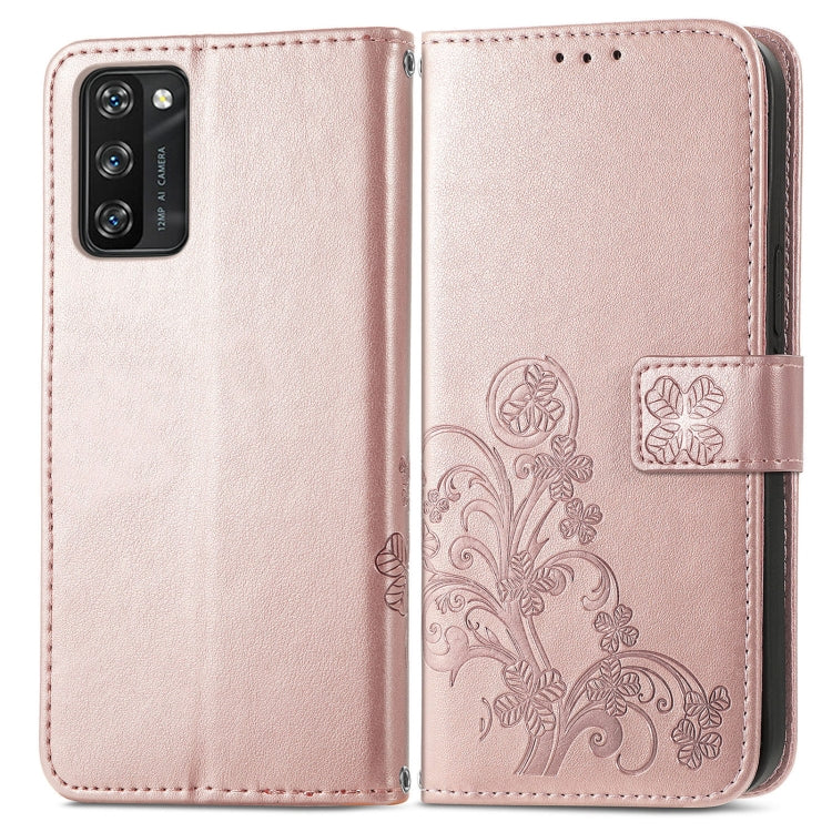 For Blackview A100 Four-leaf Clasp Embossed Buckle Mobile Phone Protection Leather Case with Lanyard & Card Slot & Wallet & Bracket Function(Rose Gold)