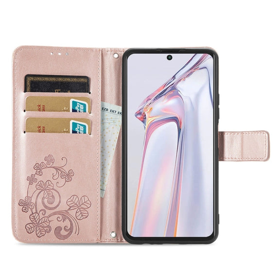 For Blackview A100 Four-leaf Clasp Embossed Buckle Mobile Phone Protection Leather Case with Lanyard & Card Slot & Wallet & Bracket Function(Rose Gold)