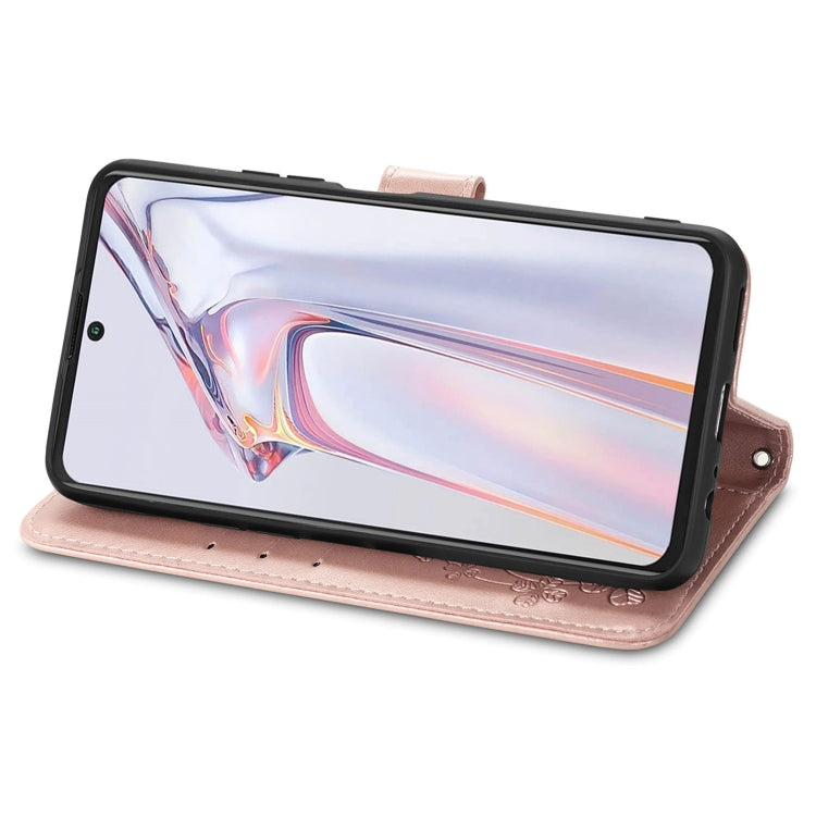 For Blackview A100 Four-leaf Clasp Embossed Buckle Mobile Phone Protection Leather Case with Lanyard & Card Slot & Wallet & Bracket Function(Rose Gold)