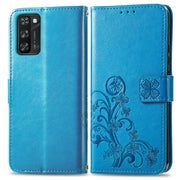 For Blackview A100 Four-leaf Clasp Embossed Buckle Mobile Phone Protection Leather Case with Lanyard & Card Slot & Wallet & Bracket Function(Blue)