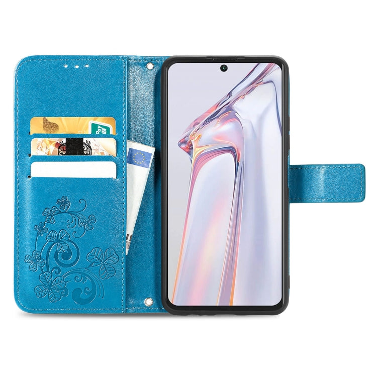 For Blackview A100 Four-leaf Clasp Embossed Buckle Mobile Phone Protection Leather Case with Lanyard & Card Slot & Wallet & Bracket Function(Blue)
