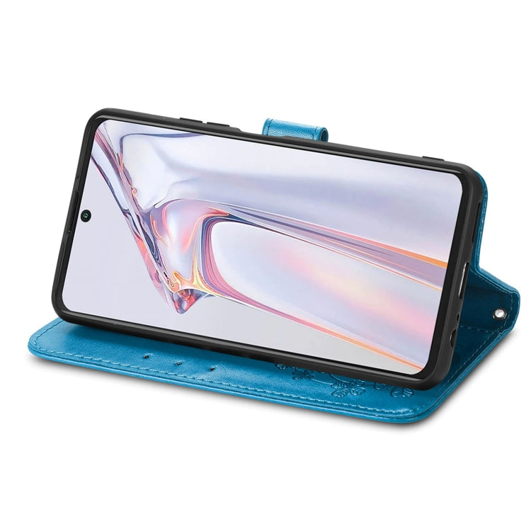 For Blackview A100 Four-leaf Clasp Embossed Buckle Mobile Phone Protection Leather Case with Lanyard & Card Slot & Wallet & Bracket Function(Blue)