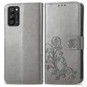 For Blackview A100 Four-leaf Clasp Embossed Buckle Mobile Phone Protection Leather Case with Lanyard & Card Slot & Wallet & Bracket Function(Grey)