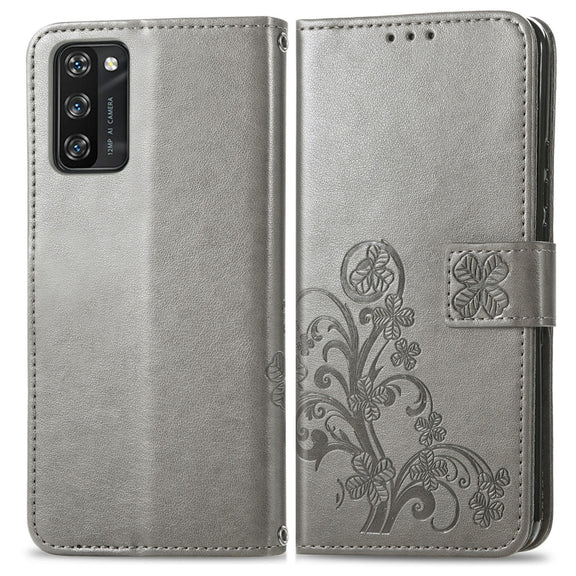 For Blackview A100 Four-leaf Clasp Embossed Buckle Mobile Phone Protection Leather Case with Lanyard & Card Slot & Wallet & Bracket Function(Grey)