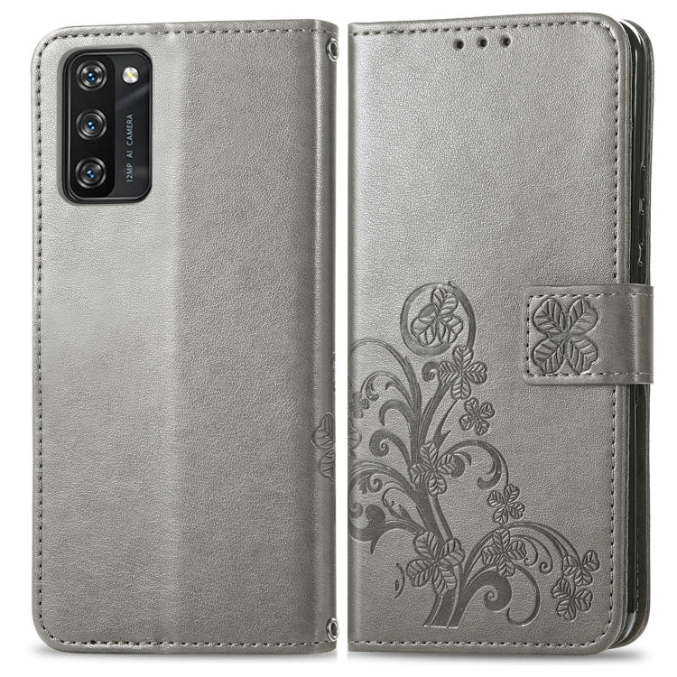 For Blackview A100 Four-leaf Clasp Embossed Buckle Mobile Phone Protection Leather Case with Lanyard & Card Slot & Wallet & Bracket Function(Grey)