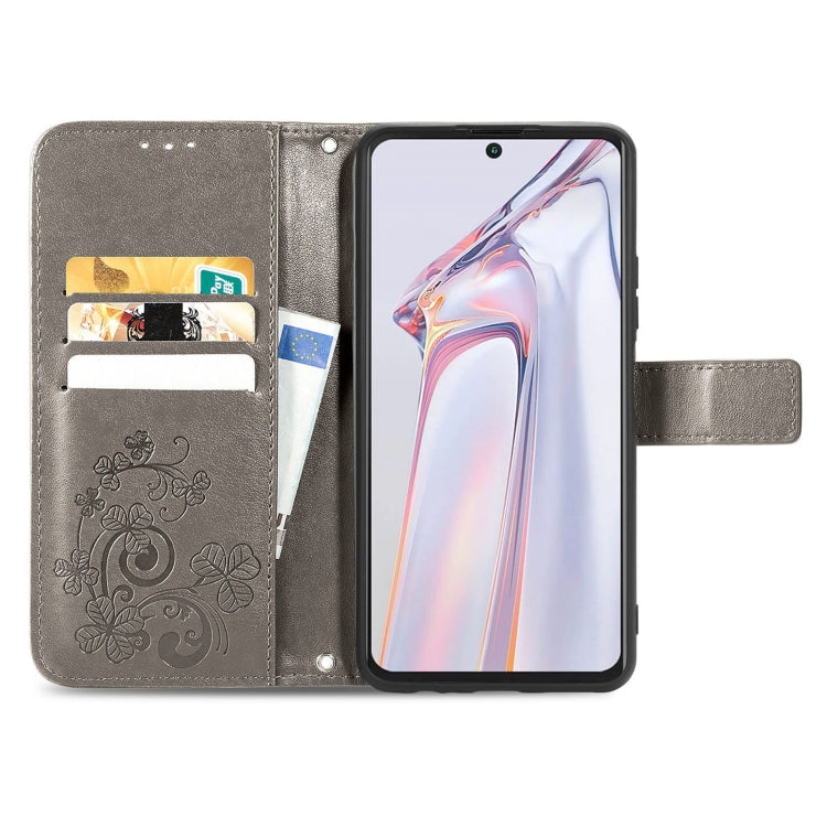 For Blackview A100 Four-leaf Clasp Embossed Buckle Mobile Phone Protection Leather Case with Lanyard & Card Slot & Wallet & Bracket Function(Grey)