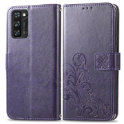 For Blackview A100 Four-leaf Clasp Embossed Buckle Mobile Phone Protection Leather Case with Lanyard & Card Slot & Wallet & Bracket Function(Purple)