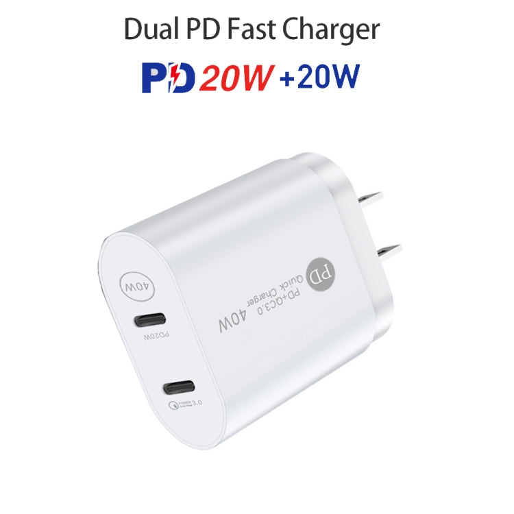 002 40W Dual Port PD USB-C / Type-C Fast Charger for iPhone / iPad Series, US Plug(White)