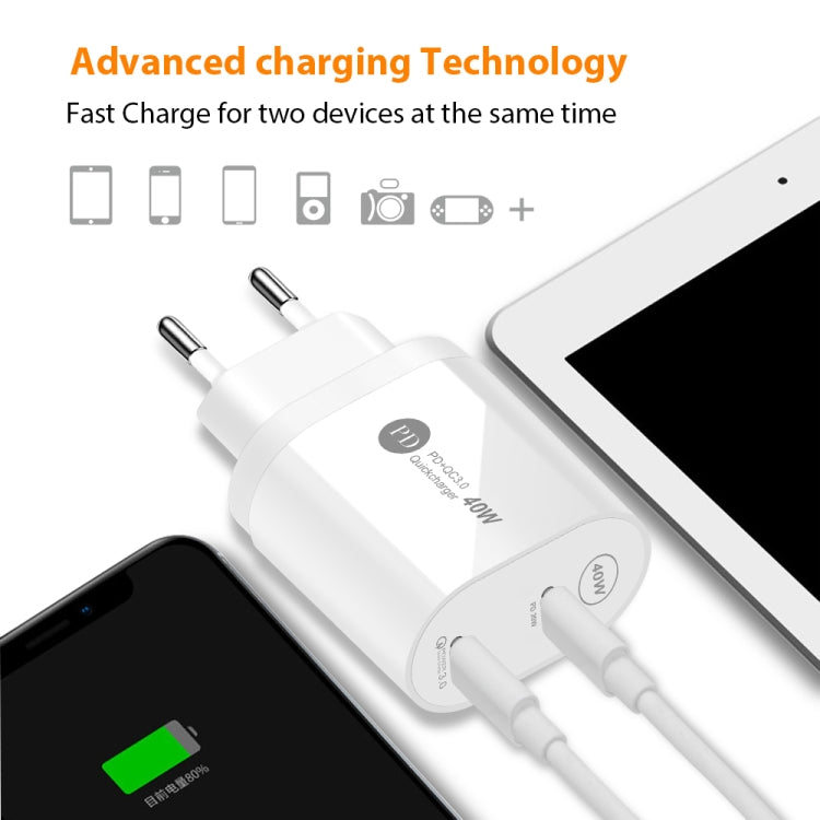 002 40W Dual Port PD USB-C / Type-C Fast Charger for iPhone / iPad Series, EU Plug(Black)