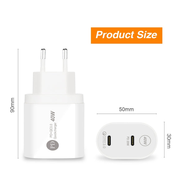 002 40W Dual Port PD USB-C / Type-C Fast Charger for iPhone / iPad Series, EU Plug(Black)