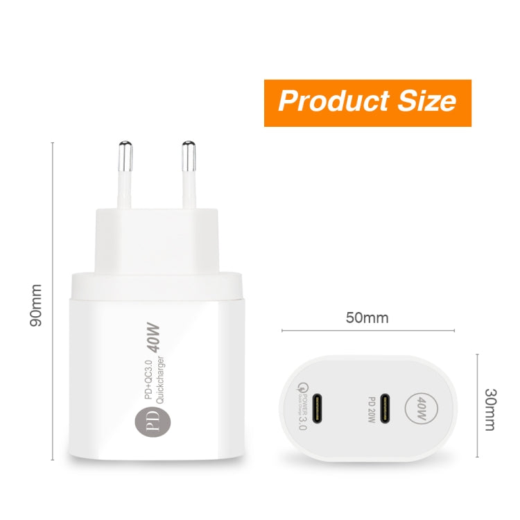 002 40W Dual Port PD USB-C / Type-C Fast Charger for iPhone / iPad Series, EU Plug(Black)
