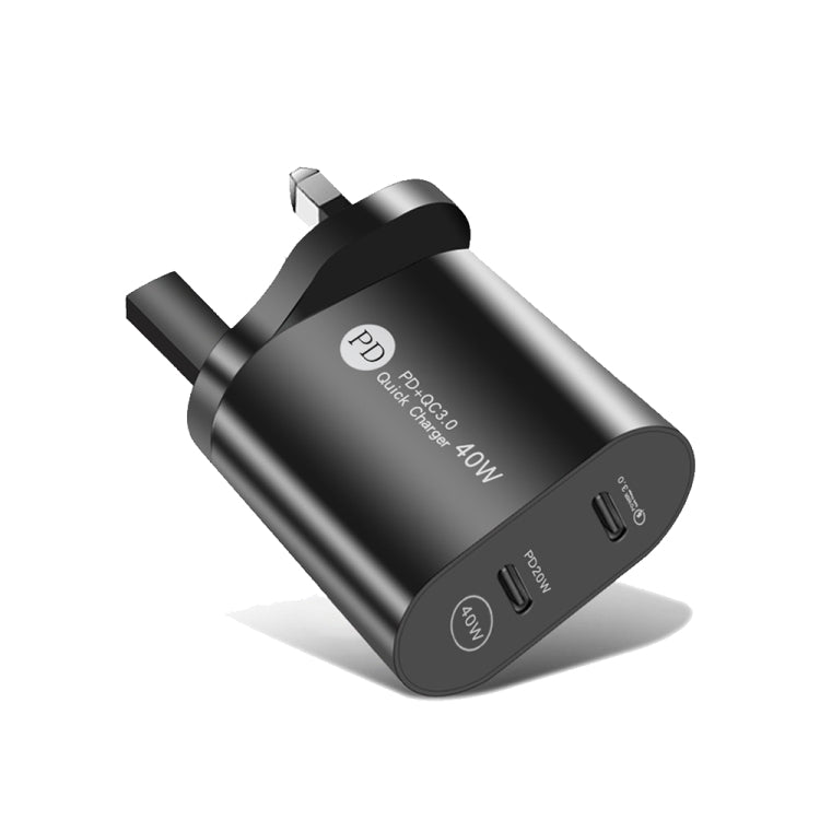 002 40W Dual Port PD USB-C / Type-C Fast Charger for iPhone / iPad Series, UK Plug(Black)
