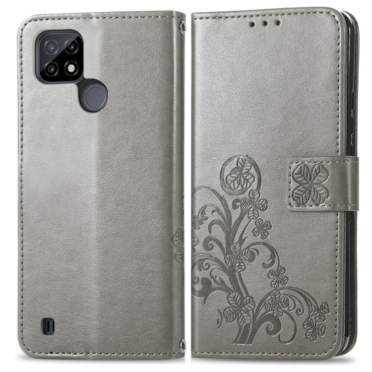 For OPPO Realme C21Y Four-leaf Clasp Embossed Leather Case with Lanyard & Card Slot & Wallet & Holder(Grey)