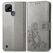 For OPPO Realme C21Y Four-leaf Clasp Embossed Leather Case with Lanyard & Card Slot & Wallet & Holder(Grey)