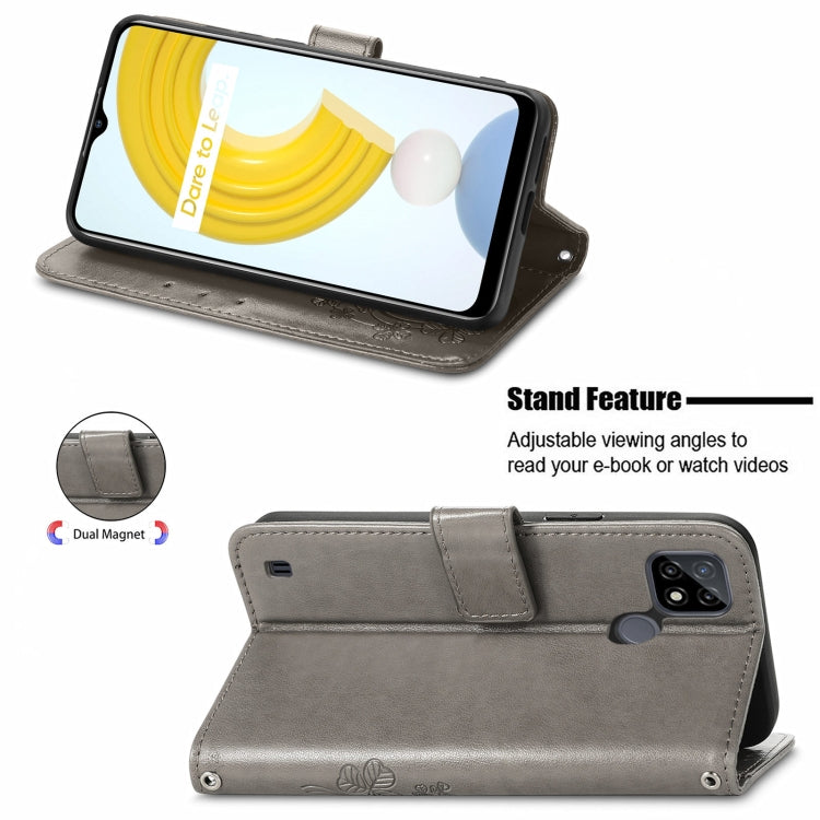 For OPPO Realme C21Y Four-leaf Clasp Embossed Leather Case with Lanyard & Card Slot & Wallet & Holder(Grey)