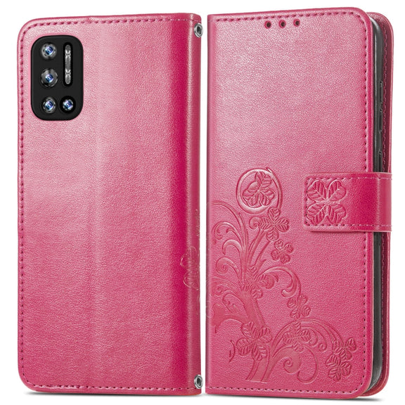 For DOOGEE N40 Pro Four-leaf Clasp Embossed Leather Case with Lanyard & Card Slot & Wallet & Holder(Magenta)