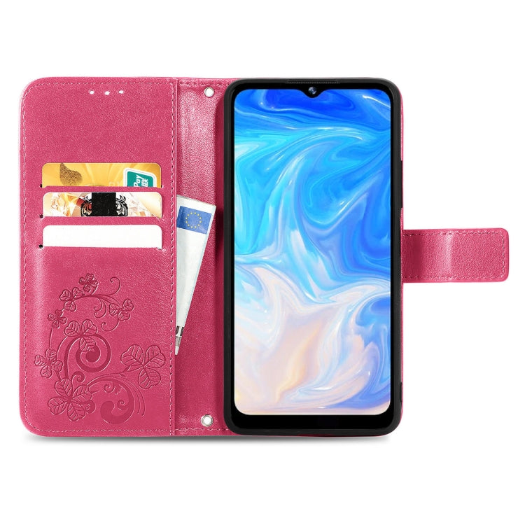 For DOOGEE N40 Pro Four-leaf Clasp Embossed Leather Case with Lanyard & Card Slot & Wallet & Holder(Magenta)