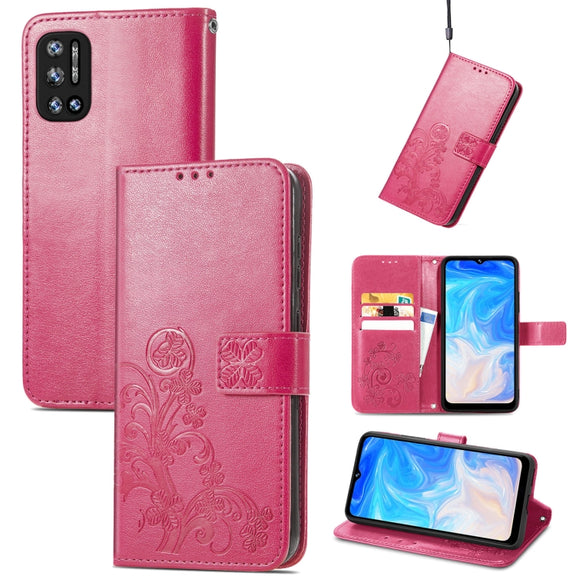 For DOOGEE N40 Pro Four-leaf Clasp Embossed Leather Case with Lanyard & Card Slot & Wallet & Holder(Magenta)
