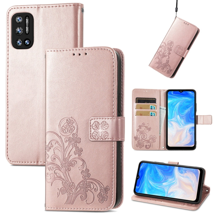 For DOOGEE N40 Pro Four-leaf Clasp Embossed Leather Case with Lanyard & Card Slot & Wallet & Holder(Rose Gold)