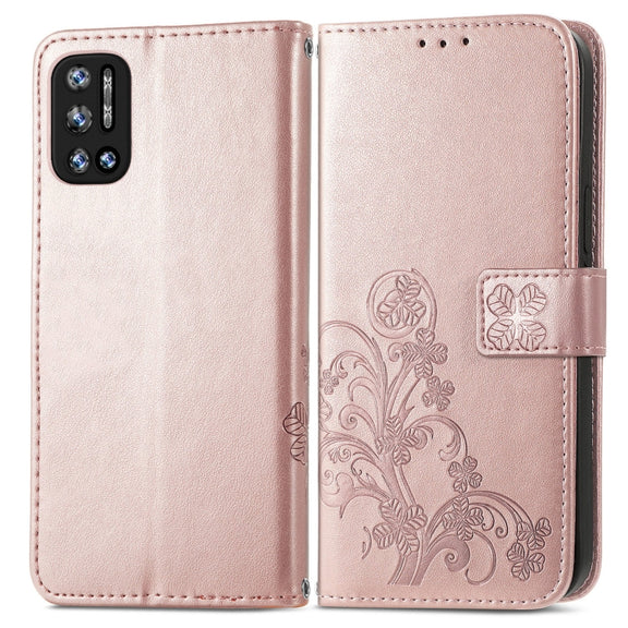 For DOOGEE N40 Pro Four-leaf Clasp Embossed Leather Case with Lanyard & Card Slot & Wallet & Holder(Rose Gold)