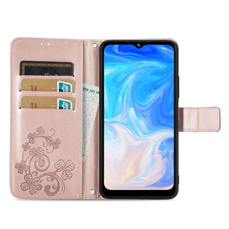 For DOOGEE N40 Pro Four-leaf Clasp Embossed Leather Case with Lanyard & Card Slot & Wallet & Holder(Rose Gold)