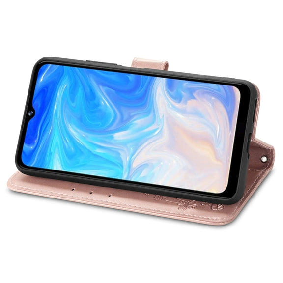 For DOOGEE N40 Pro Four-leaf Clasp Embossed Leather Case with Lanyard & Card Slot & Wallet & Holder(Rose Gold)