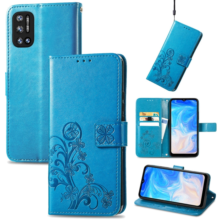 For DOOGEE N40 Pro Four-leaf Clasp Embossed Leather Case with Lanyard & Card Slot & Wallet & Holder(Blue)
