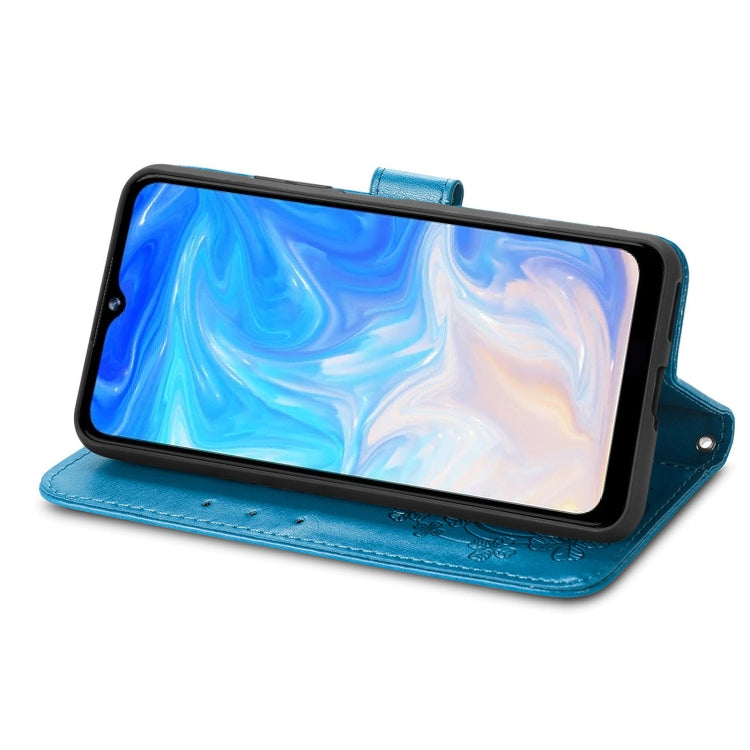For DOOGEE N40 Pro Four-leaf Clasp Embossed Leather Case with Lanyard & Card Slot & Wallet & Holder(Blue)