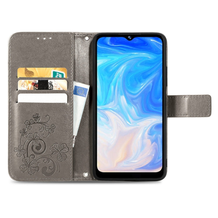 For DOOGEE N40 Pro Four-leaf Clasp Embossed Leather Case with Lanyard & Card Slot & Wallet & Holder(Grey)