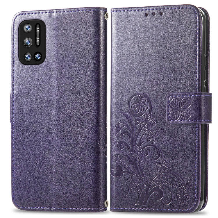 For DOOGEE N40 Pro Four-leaf Clasp Embossed Leather Case with Lanyard & Card Slot & Wallet & Holder(Purple)