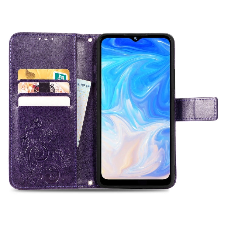 For DOOGEE N40 Pro Four-leaf Clasp Embossed Leather Case with Lanyard & Card Slot & Wallet & Holder(Purple)